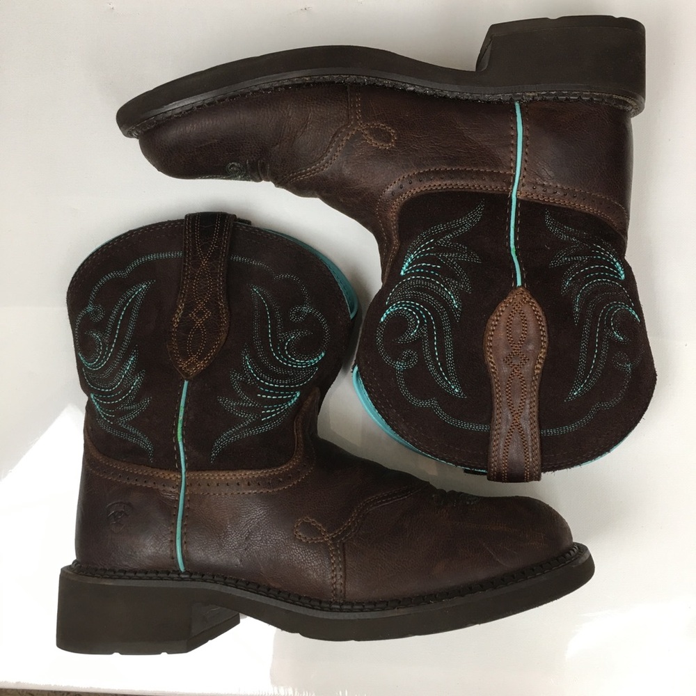 Ariat Fatbaby Heritage Dapper Western Boots Dark Brown Leather Teal Stitching - Picture 14 of 14